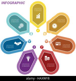 Colored Arrows arranged in circle, pointing inside the circle. Template for infographic numbered seven positions Stock Vector