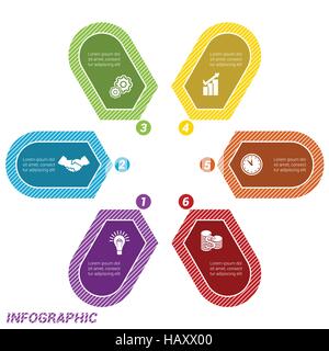 Colored Arrows arranged in circle, pointing inside the circle. Template for infographic numbered six positions Stock Vector