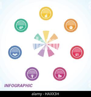 Colourful striped circles, template for infographics seven positions Stock Vector