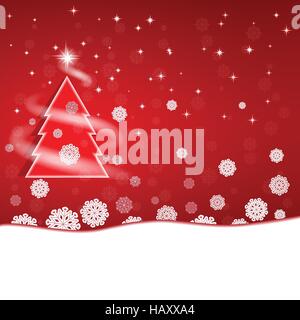 Red Christmas New Year background with snowflakes, stars and fir tree Stock Vector