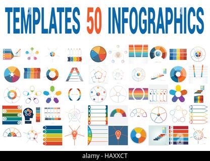 50 Vector Templates for Infographics, pie chart, ring chart, area chart, timeline, list diagram with text areas for five positions. Stock Vector
