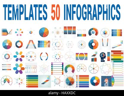 50 Vector Templates for Infographics, pie chart, ring chart, area chart, timeline, list diagram with text areas for six positions. Stock Vector