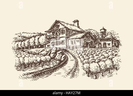 Farm landscape. Hand-drawn vineyard or agriculture. Vintage sketch vector illustration Stock Vector