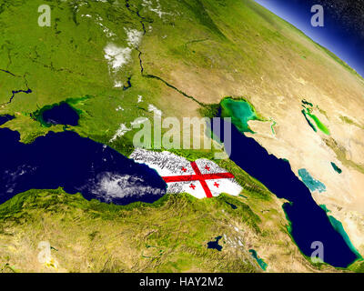 Flag of Georgia on planet surface from space. 3D illustration with highly detailed realistic planet surface and clouds in the atmosphere. Elements of  Stock Photo