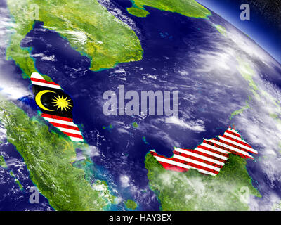 Flag of Malaysia on planet surface from space. 3D illustration with highly detailed realistic planet surface and clouds in the atmosphere. Elements of Stock Photo