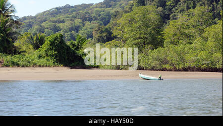 A boat is drawn up on a beach near the mouth of  the Rio Sierpe. Mangroves and rain forest are in the background. Stock Photo