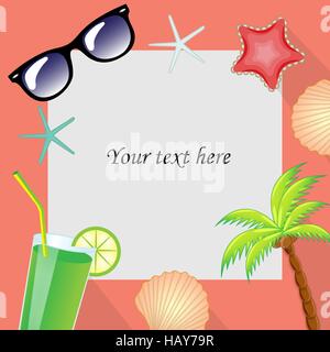 Summertime traveling template with beach summer accessories. Summer template for the text frame. vector illustration. Stock Vector