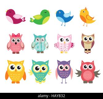 cute owl and birds set of vector illustration Stock Vector