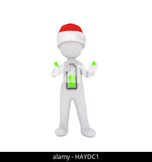 3d man with a green recharged battery icon on his chest standing alertly in a red Santa hat for Christmas , rendered illustration on white Stock Photo