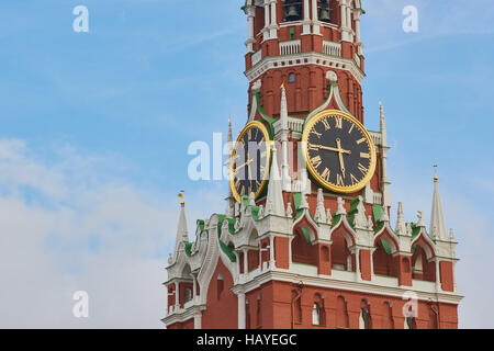 Clock on Spasskaya or Saviour Tower Red Square Moscow Russia Stock Photo