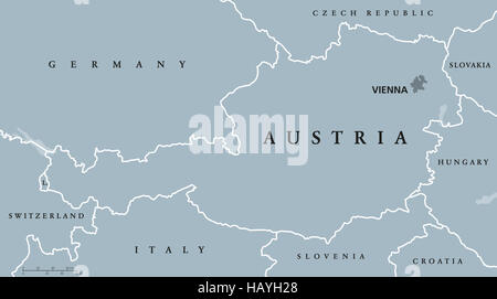 Austria political map with capital Vienna, national borders and neighbor countries. Federal republic in the heart of Europe. Stock Photo