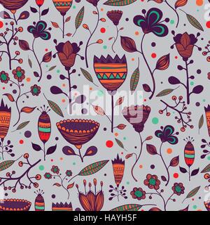 Seamless handwork floral pattern with colorful doodles Stock Vector