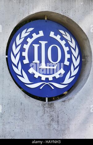 International Labour Organization ILO flag waving on the top Stock ...