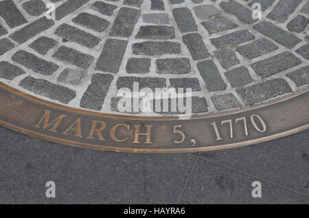 The stone cobbles marking the spot of the Boston Massacre on 5th March 1770, outside the Old State House, Boston. MA. Stock Photo