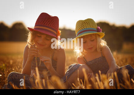 Two young girls playing in a cornfield Stock Photo