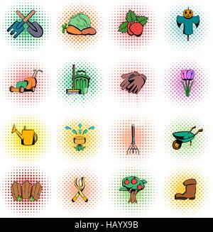 Garden comics icons set Stock Vector