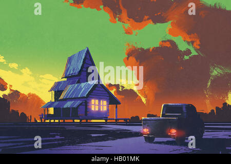 rural scenery with old pickup truck and old house against colorful sky,illustration painting Stock Photo