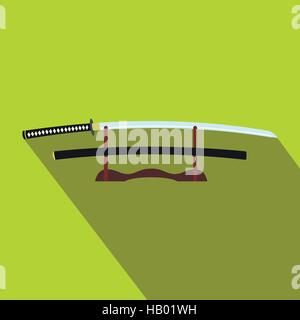 Katana on wooden stand icon flat isolated on white background vector ...