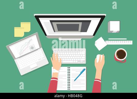 Human hands typing on the computer keyboard financial report Stock Vector