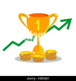 Trophy cup with with coins in flat style. Icon gold goblet, medieval goblet. Flat symbol cup champion. Concept of victory, award, championship, achiev Stock Vector