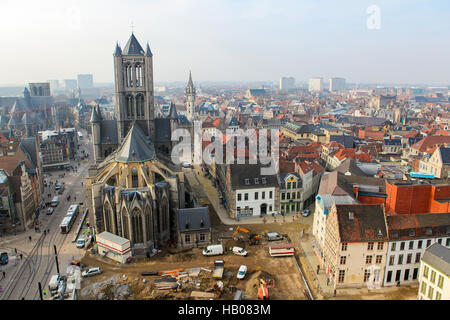 Aerial view on the center of Ghent, Flanders, Belgium, from the Belfry tower. Stock Photo