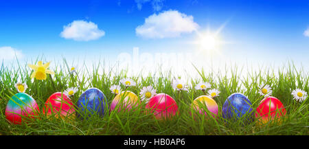 Colorful easter eggs on green meadow. Stock Photo