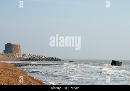 Wartime pillbox in the sea due to coastal erosion, East Lane, Bawdsey, Suffolk, UK. Stock Photo