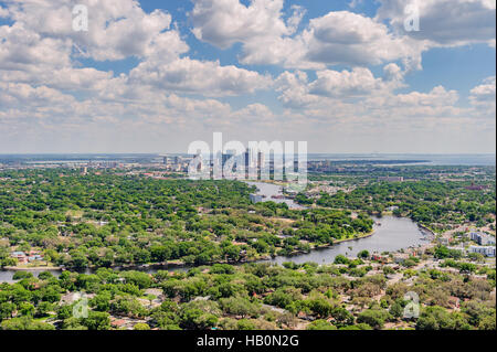 Aerial view of Tampa Florida, USA, with the Hillsborough River flowing to the bay showing the many suburbs and neighborhoods of the city. Stock Photo