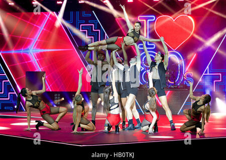 Clothes Show Live 2016 dance performance in the Alcatel Fashion Theatre, for an 80's theme section. Stock Photo