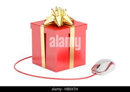 Gift box with computer mouse. Online shopping concept, 3D rendering isolated on white background Stock Photo