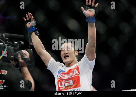 UFC fighter Dong Hyun Kim celebrates his victory over Amir Sadollah at UFC 114 on May 29, 2010 in Las Vegas, Nevada. Francis Specker Stock Photo