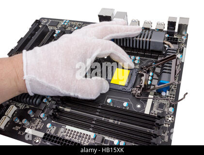 Installation of modern processor in CPU socket Stock Photo