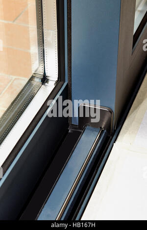 Sliding glass door detail and rail embed in floor Stock Photo