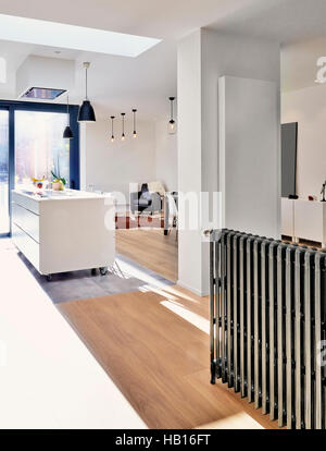 New Vertical radiator and old horizontal one in a spacious apartment with french windows and lush garden Stock Photo