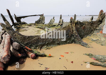 Rotten remains full of limpets and barnacles of a metallic ship.s hull set aside on the sand of the beach of Carabane island at low tide in the Casama Stock Photo