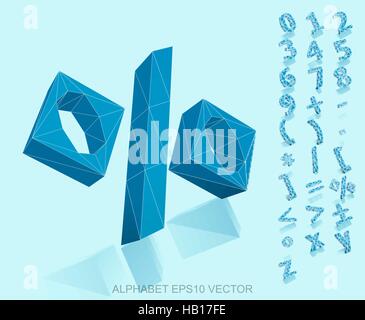 Set of Blue 3D polygonal Numbers And Mathematical Symbols with reflection. Low poly alphabet collection. EPS 10 vector illustration. Stock Vector