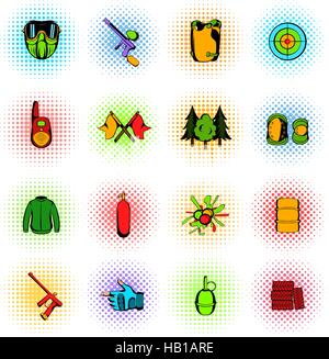 Paintball game comics icons set Stock Vector