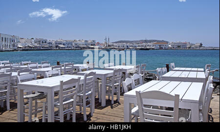 Restaurant on the harbor, Mykonos Stock Photo