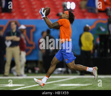 Atlanta, Florida, USA. 3rd Dec, 2016. MONICA HERNDON | Times.Florida Gators wide receiver Tyrie Cleveland (89) warms up before the SEC championship against the Alabama Crimson Tide at the Georgia Dome on Saturday December 3, 2016 in Atlanta, Georgia. Kickoff is at 4pm. © Monica Herndon/Tampa Bay Times/ZUMA Wire/Alamy Live News Stock Photo