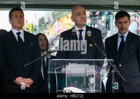 Chapeco, Brazil. 3rd Dec, 2016. Image provided by the Brazilian Presidency shows President of the International Football Federation (FIFA) Gianni Infantino (2nd-R) delivering a speech during the tribute and collective funeral of the Chapecoense football team members who were killed in an air crash days ago in Colombia, at the Arena Conda Stadium, in Chapeco, in the state of Santa Catarina, Brazil, on Dec. 3, 2016. Credit:  Beto Barata/Presidency of Brazil/Xinhua/Alamy Live News Stock Photo