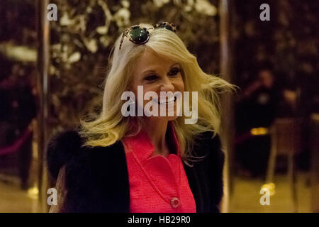 New York, USA. 3rd Dec, 2016. Trump campaign manager Kellyanne Conway exits an elevator in the lobby of Trump Tower in New York, USA, 3 December 2016. Photo: Albin Lohr-Jones/Consolidated News Photos/Albin Lohr-Jones - Pool via CNP/dpa/Alamy Live News Stock Photo