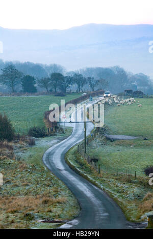 A frozen meandering lane through rural fields in the village of Moel-y-Crio, Flintshire with the fog laden Clwydian Range Hills in the distance Stock Photo