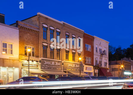 Downtown Paris along Main Street (Grand River Street) at dusk in Paris, Brant County, Ontario, Canada. Stock Photo