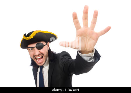 Pirate businessman shouting isolated on white Stock Photo