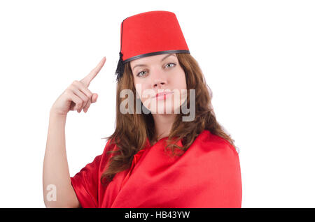 Woman wearing fez hat isolated on white Stock Photo