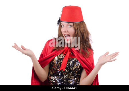 Woman wearing fez hat isolated on white Stock Photo