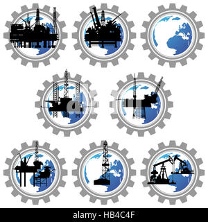Icons with drilling rigs and pumps for oil extraction. The illustration on a white background. Stock Photo
