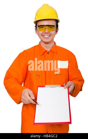 Man in orange coveralls isolated on white Stock Photo