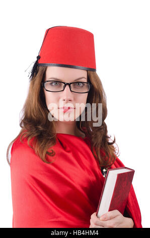 Woman wearing fez hat isolated on white Stock Photo