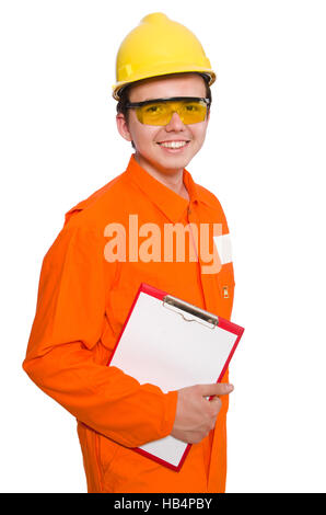 Man in orange coveralls isolated on white Stock Photo